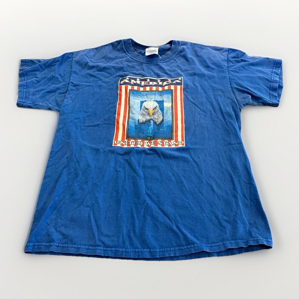 Vintage Single Stitch M&O Knits Mens Blue America United We Stand T-Shirt Size L